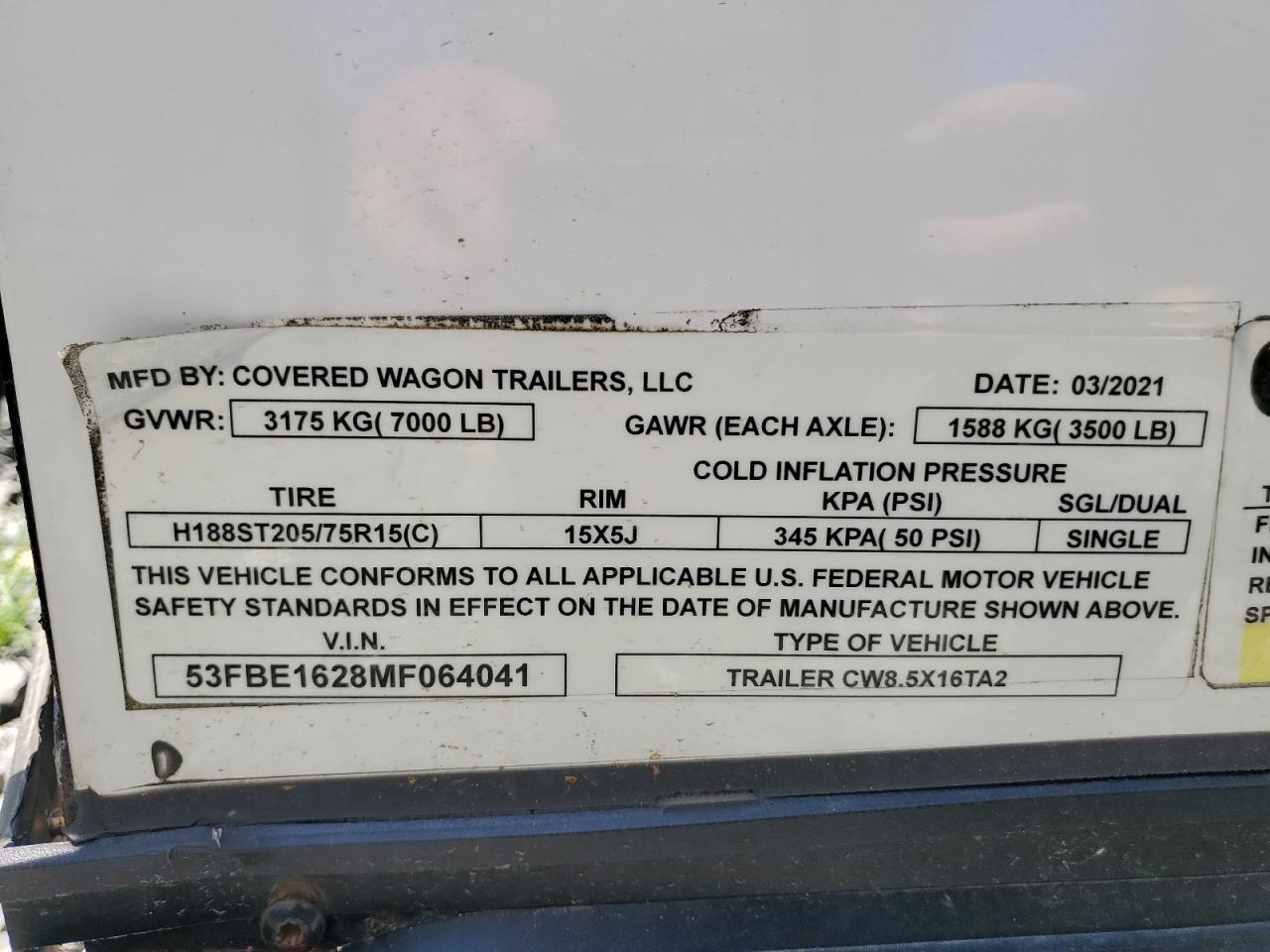 2021 COVERED Cw8.5x16ta VIN 53FBE1628MF064041 photo 10