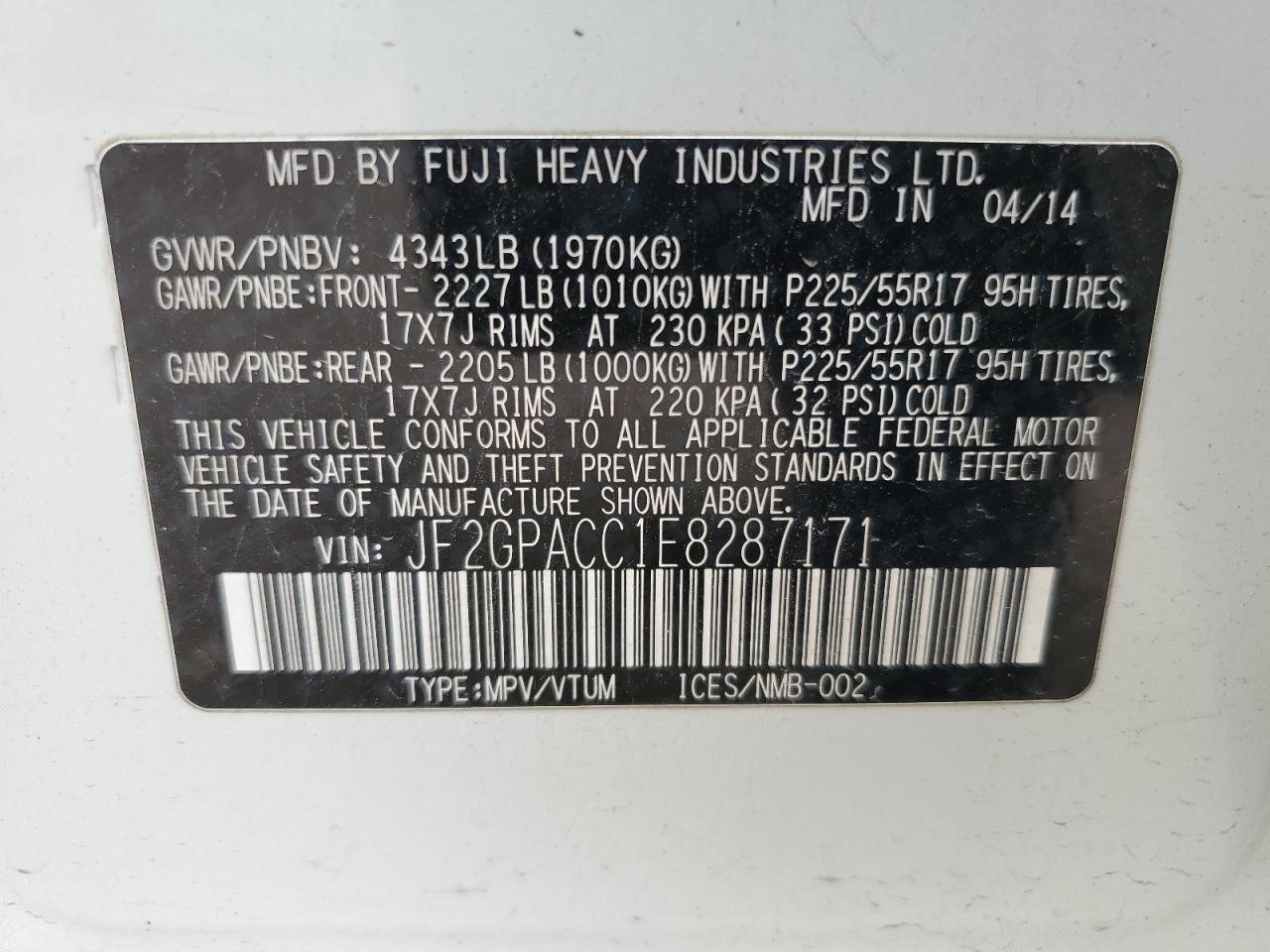 2014 SUBARU Xv VIN JF2GPACC1E8287171 photo 12