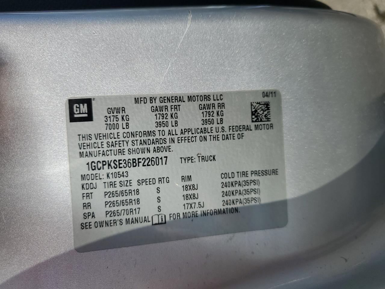 2011 Chevrolet All models VIN 1GCPKSE36BF226017 photo 12