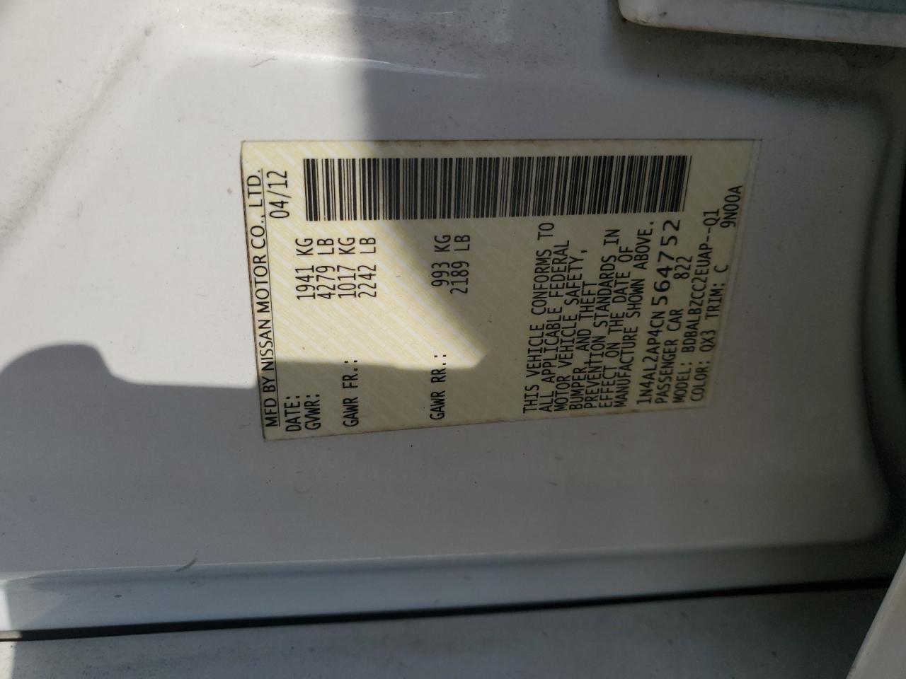 2012 NISS Altima VIN 1N4AL2AP4CN564752 photo 12
