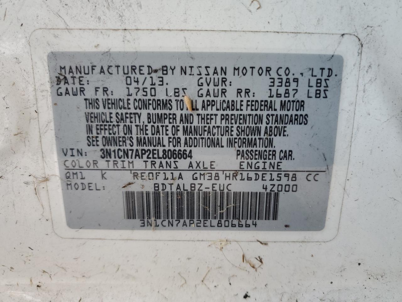 2014 Niss Versa VIN 3N1CN7AP2EL806664 photo 12