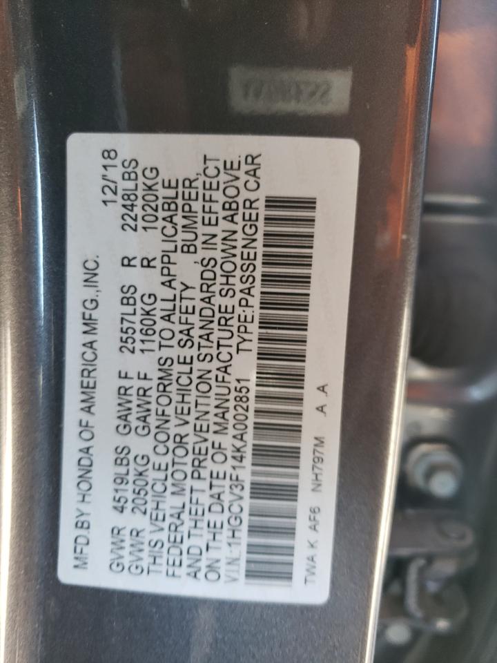 2019 HONDA Accord VIN 1HGCV3F14KA002851 photo 12