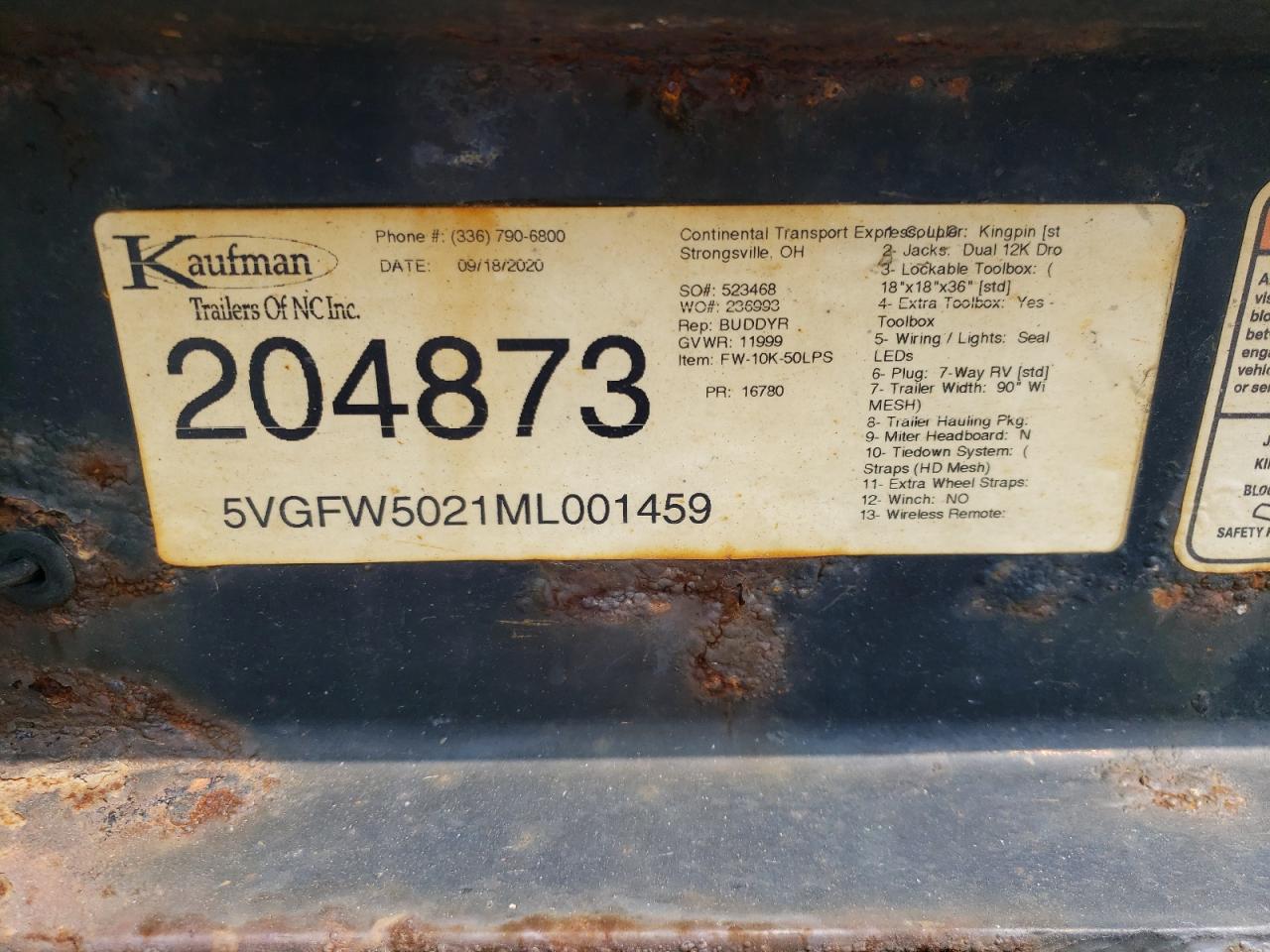 2021 KAUFMAN Trailer VIN 5VGFW5021ML001459 photo 10