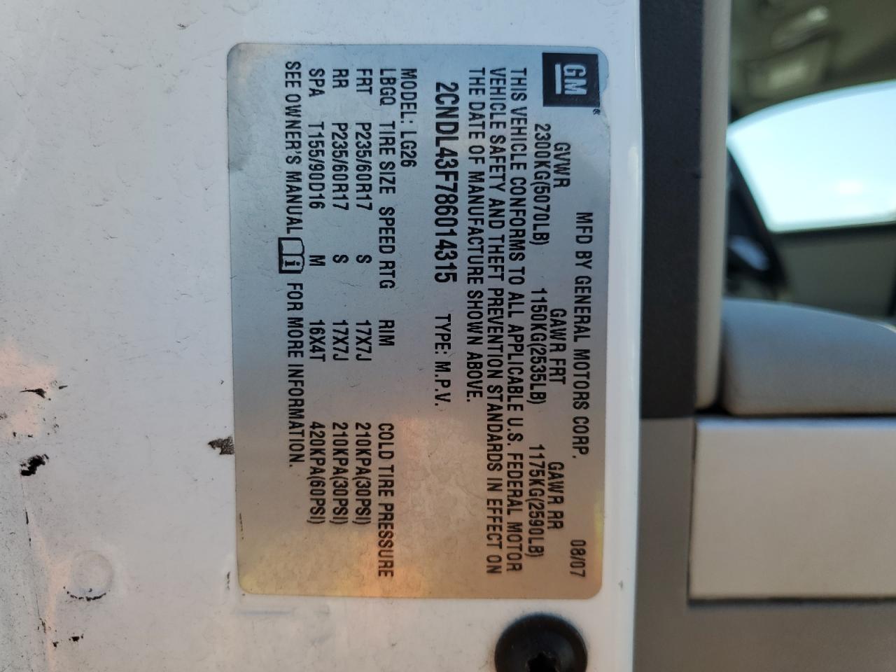 2008 Chevrolet Equinox VIN 2CNDL43F786014315 photo 12
