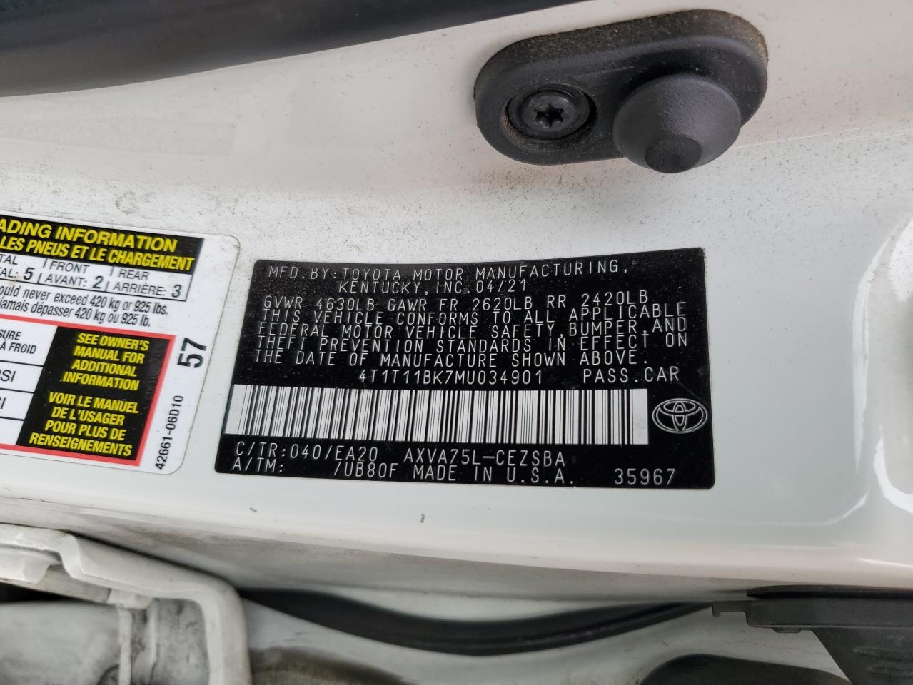 2021 Toyota Camry VIN 4T1T11BK7MU034901 photo 12