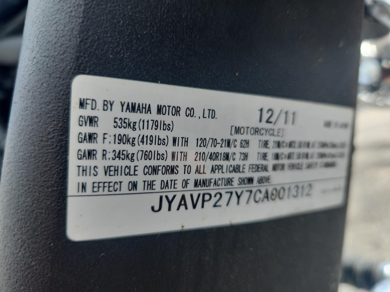 2012 YAMAHA Xv1900 cuc VIN JYAVP27Y7CA001312 photo 9