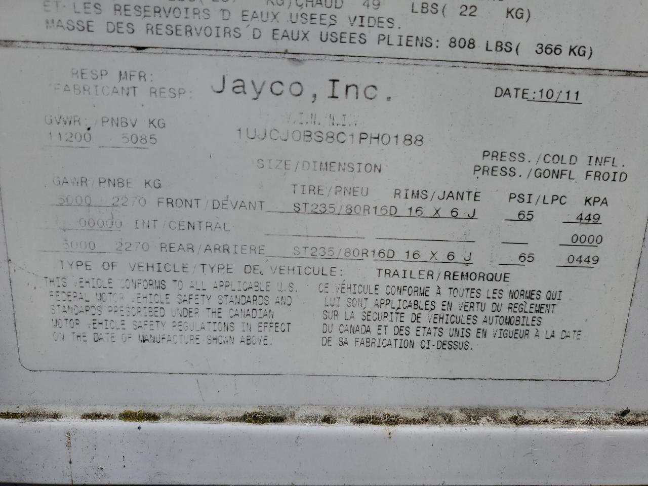 2012 JAYCO Trailers VIN 1UJCJ0BS8C1PH0188 photo 10