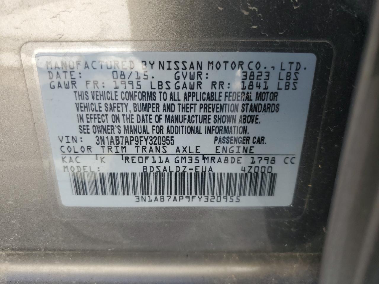 2015 NISS Sentra VIN 3N1AB7AP9FY320955 photo 12