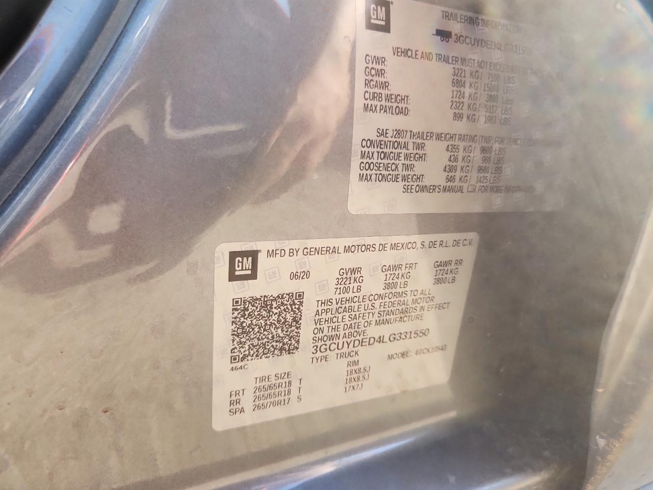 2020 Chev Silverado VIN 3GCUYDED4LG331550 photo 12