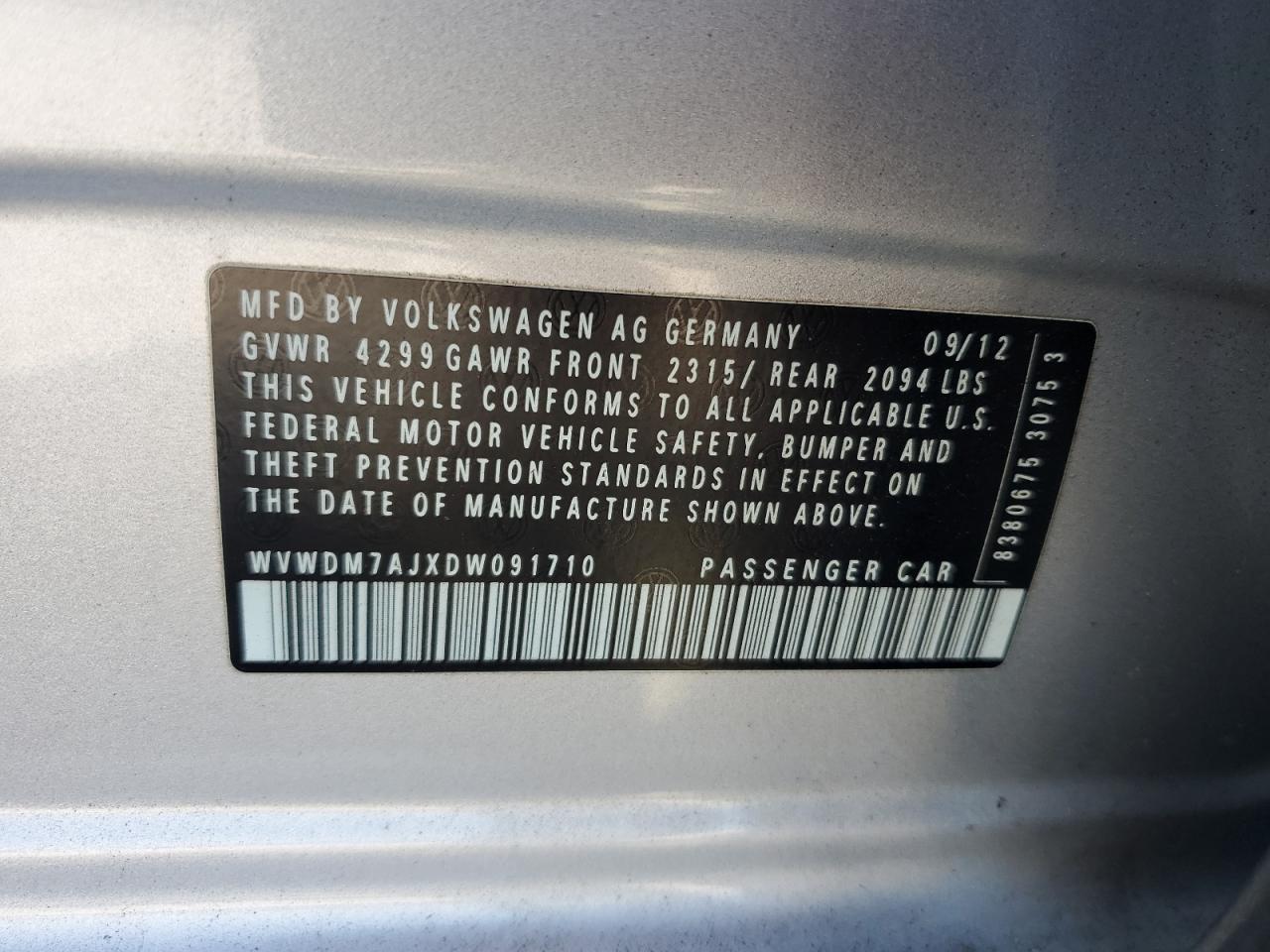 2013 Volkswagen Golf VIN WVWDM7AJXDW091710 photo 12