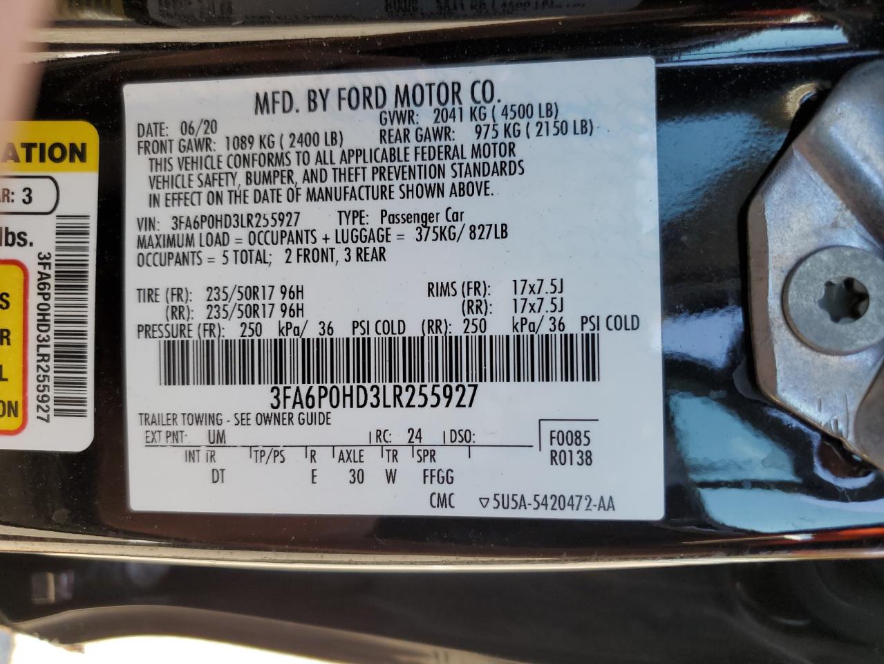 2020 FORD Fusion VIN 3FA6P0HD3LR255927 photo 12