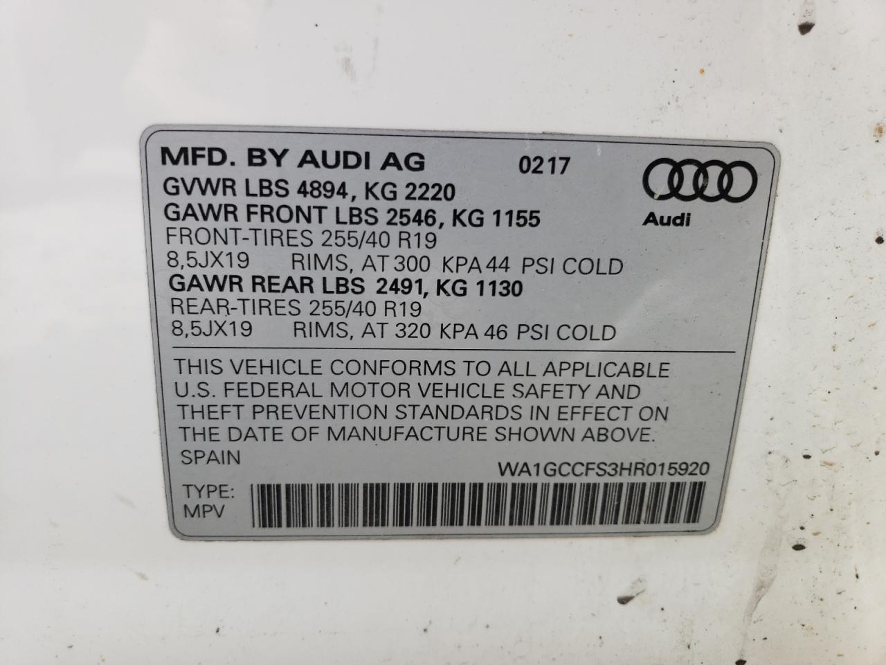 2017 AUDI Q3 VIN WA1GCCFS3HR015920 photo 12