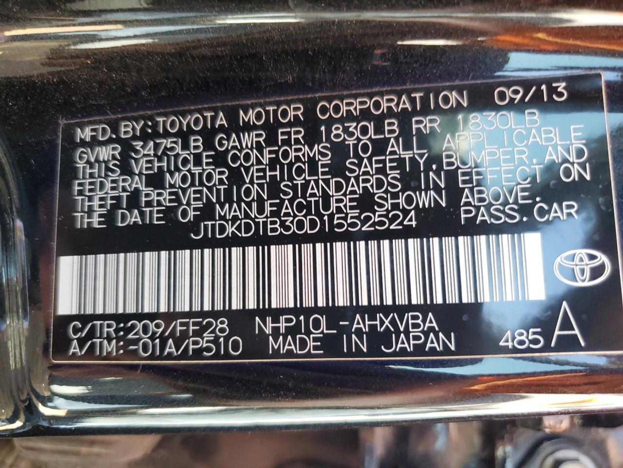 2013 TOYOTA Prius VIN JTDKDTB30D1552524 photo 12