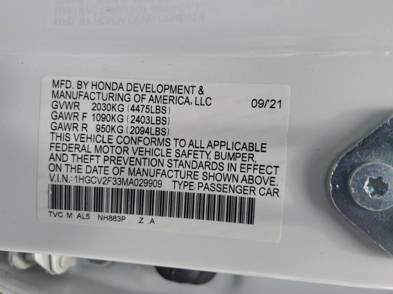 2021 Honda Accord VIN 1HGCV2F33MA029909 photo 12