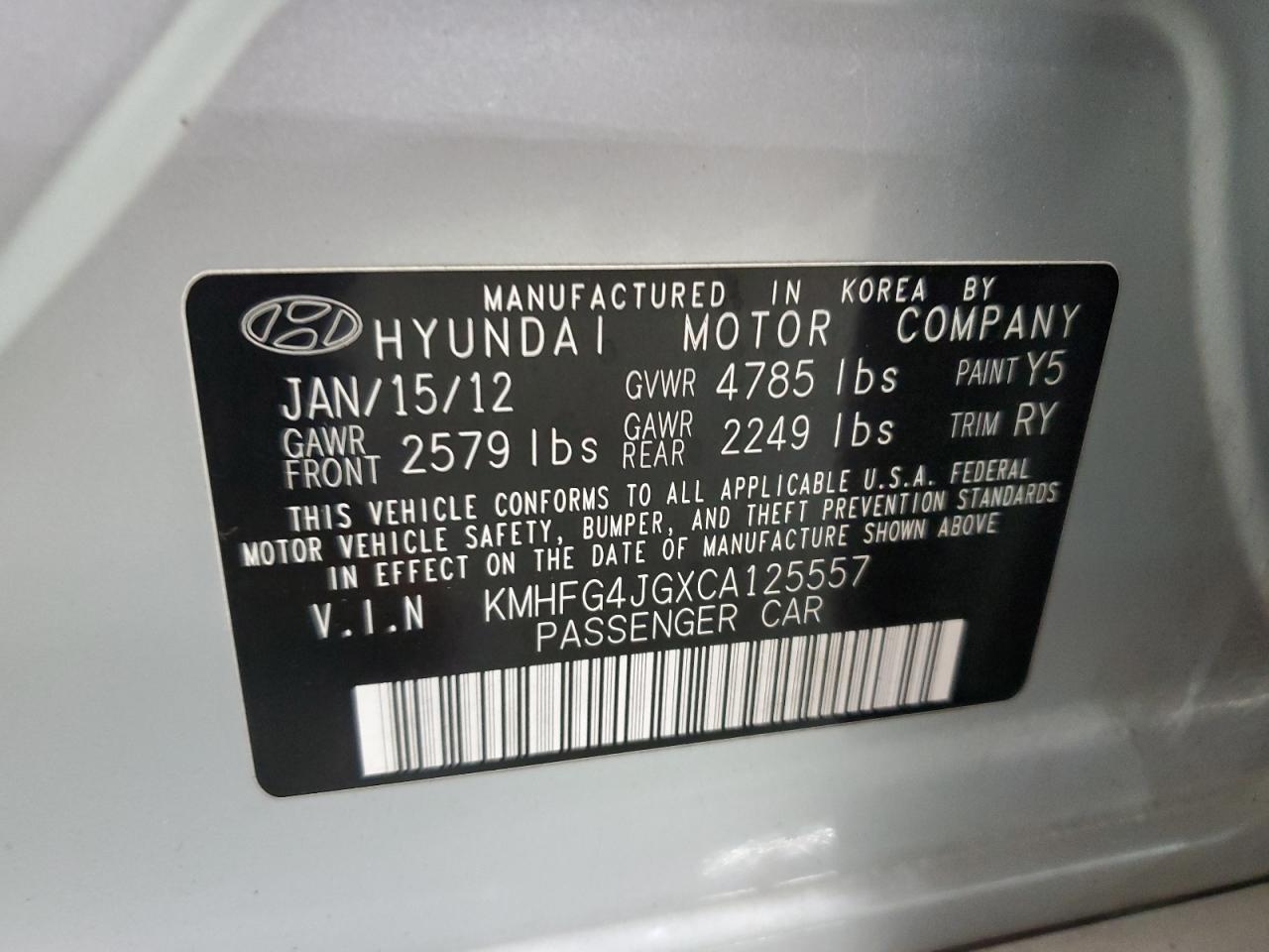 2012 HYUNDAI Azera VIN KMHFG4JGXCA125557 photo 12