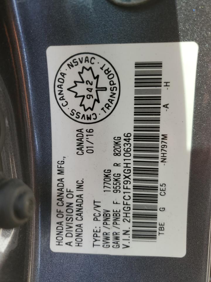 2016 HONDA Civic touring VIN 2HGFC1F9XGH106346 photo 12