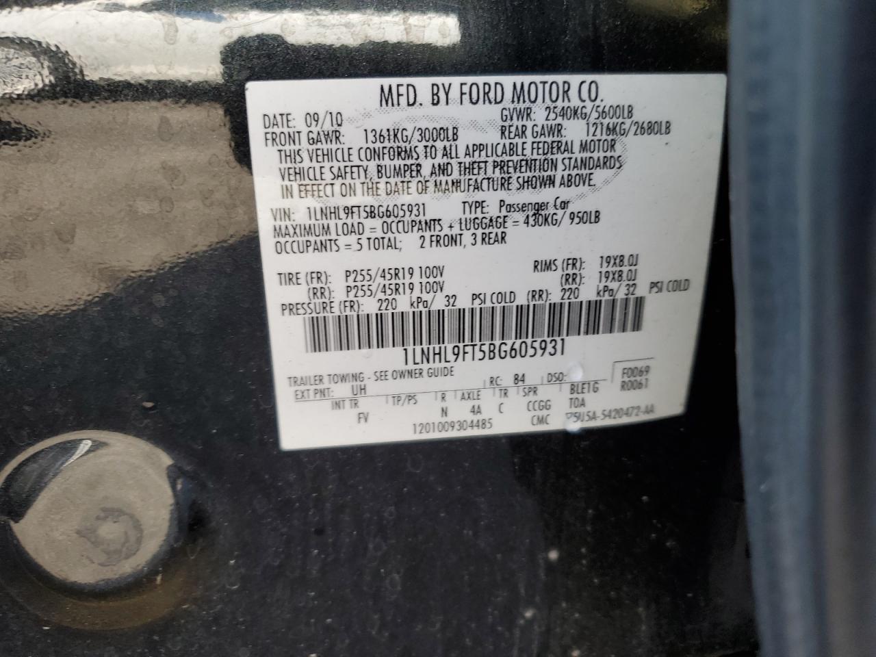 2011 LINCOLN Mks VIN 1LNHL9FT5BG605931 photo 12