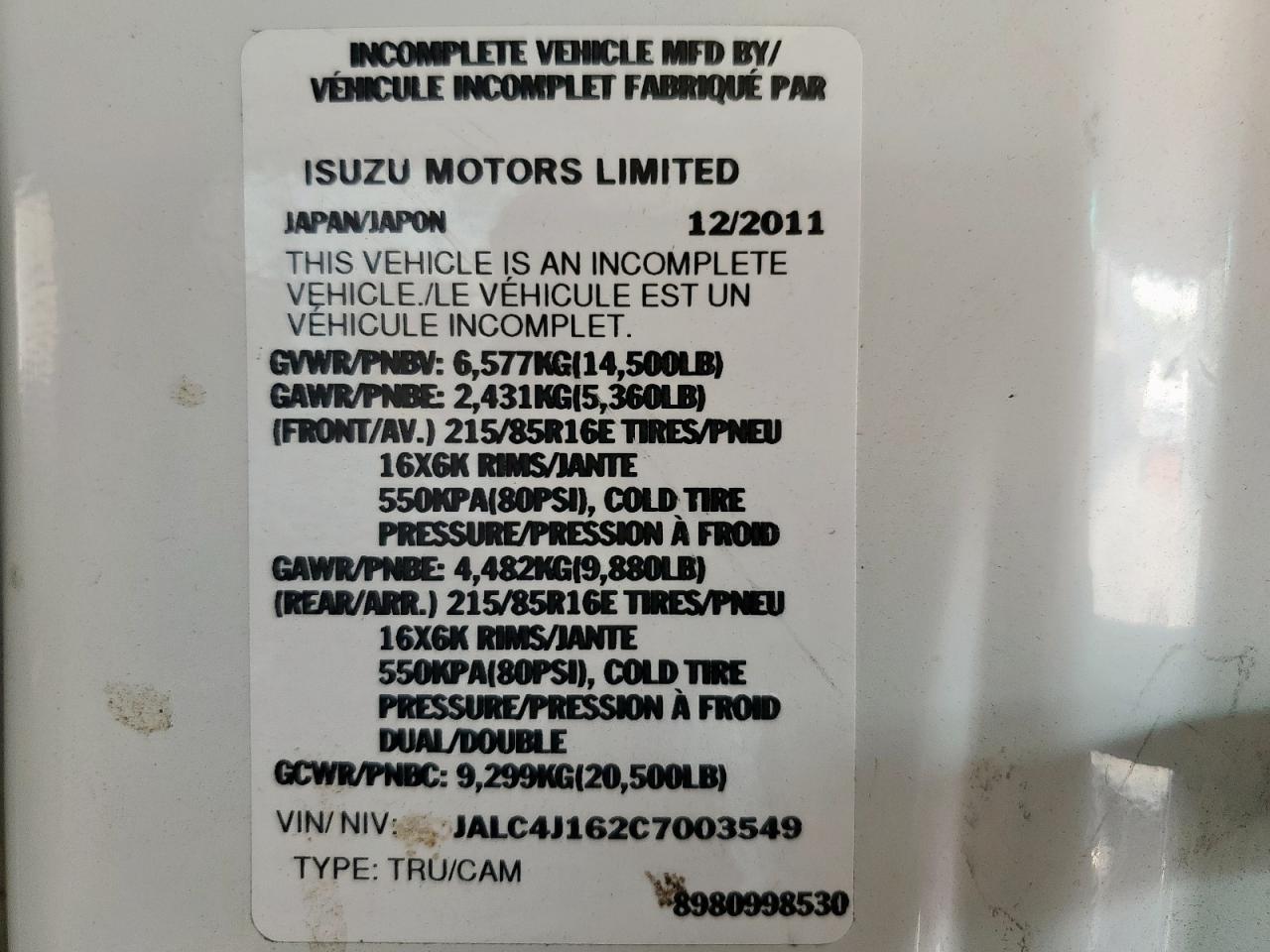 2012 Isuzu Npr VIN JALC4J162C7003549 photo 12