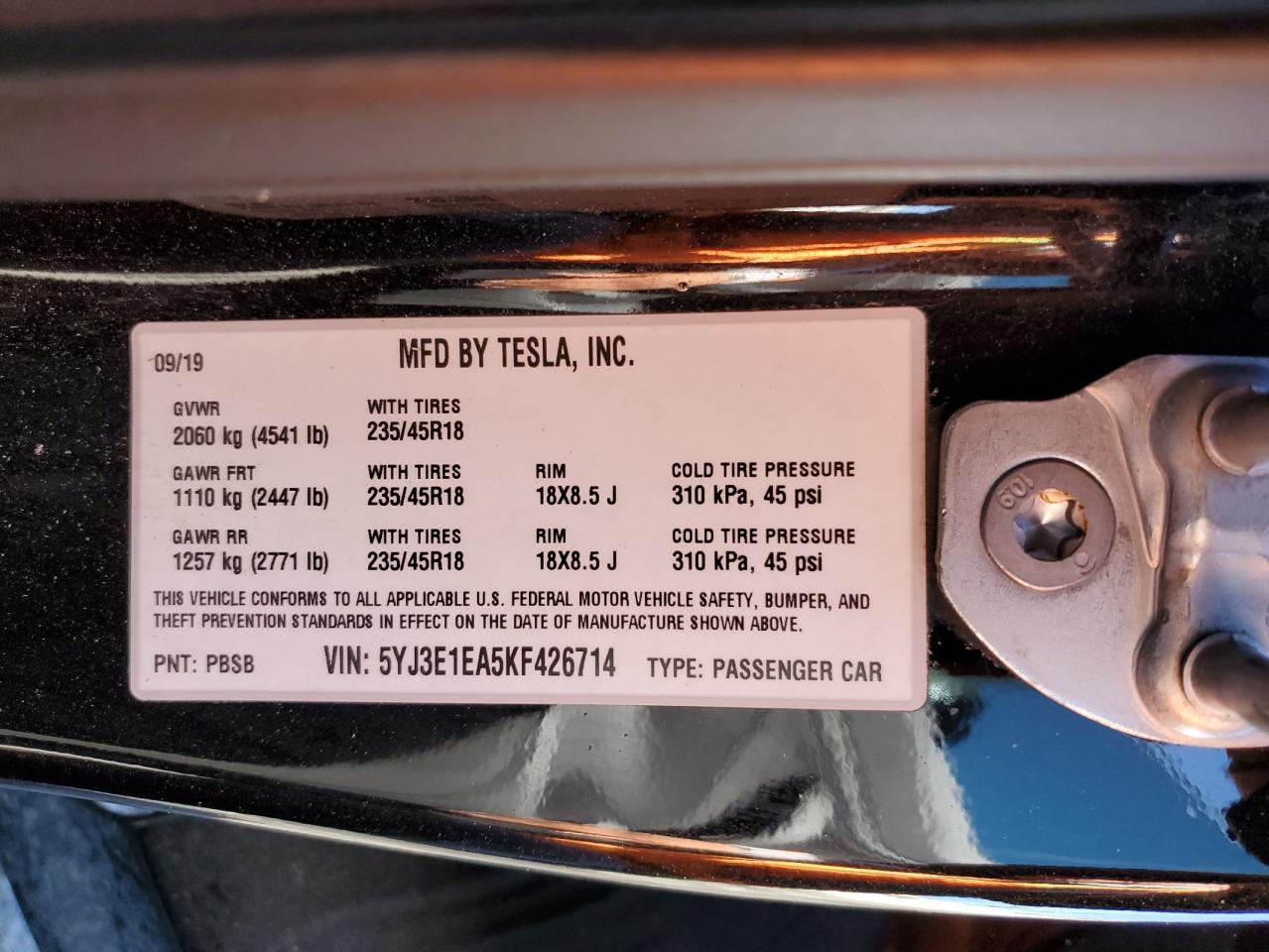 2019 Tesla Model 3 VIN 5YJ3E1EA5KF426714 photo 12