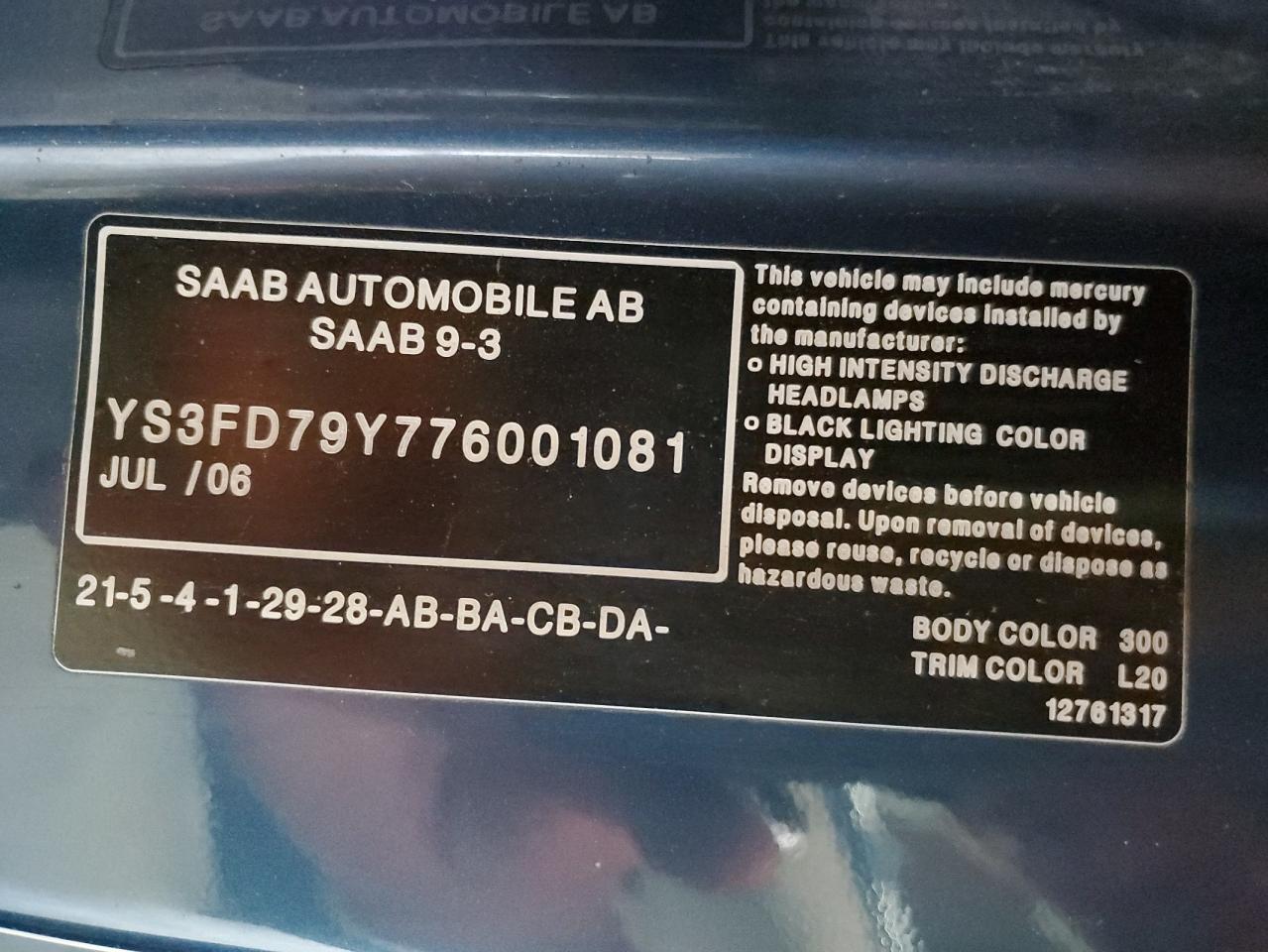 2007 SAAB 9 3 VIN YS3FD79Y776001081 photo 12