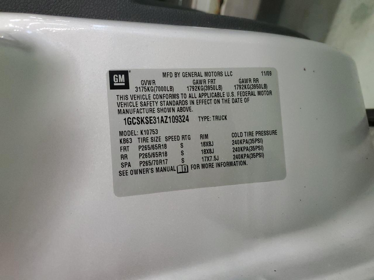 2010 CHEVROLET All models VIN 1GCSKSE31AZ109324 photo 12