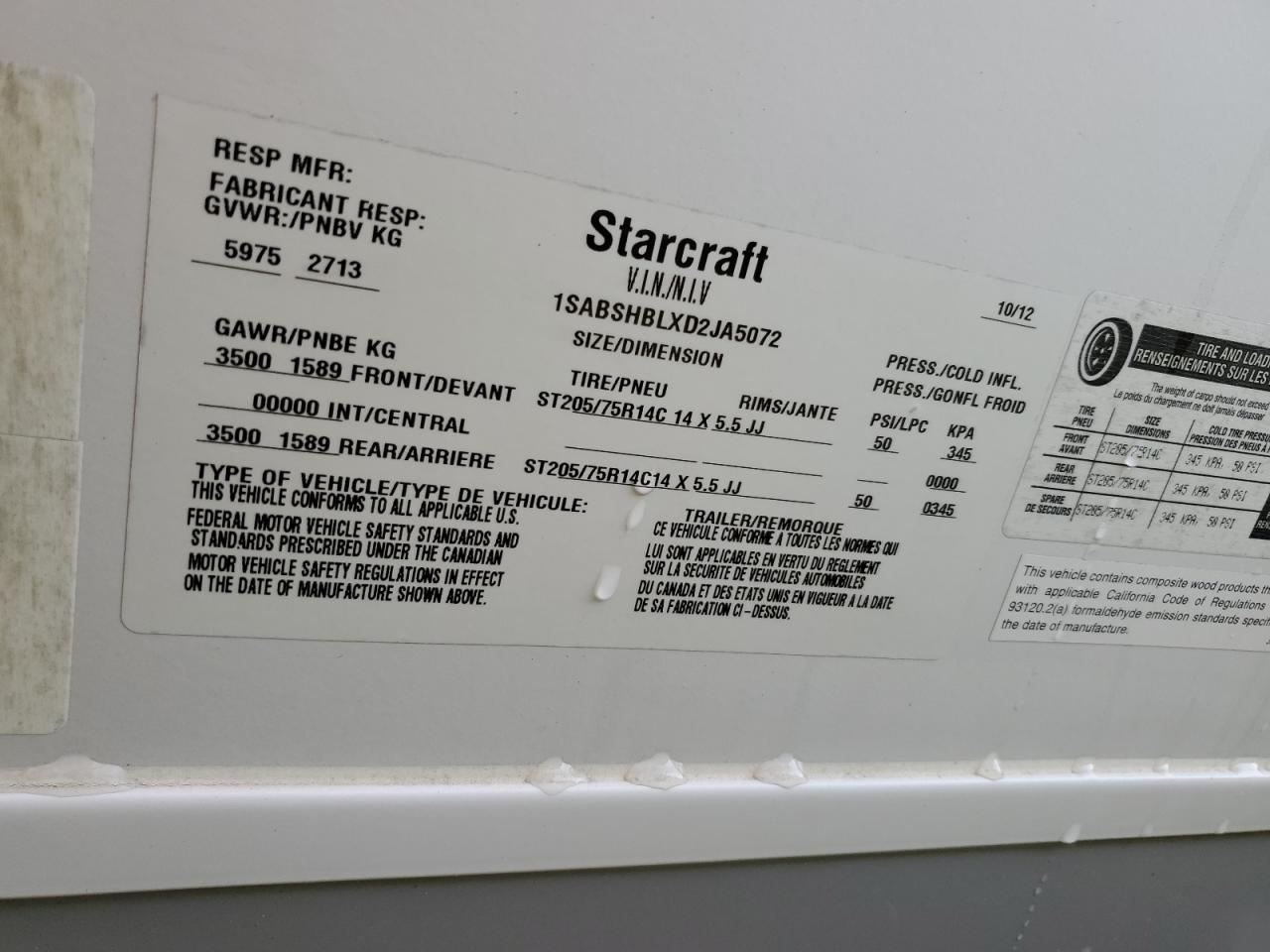 2013 STARCRAFT Travelstar VIN 1SABSHBLXD2JA5072 photo 10