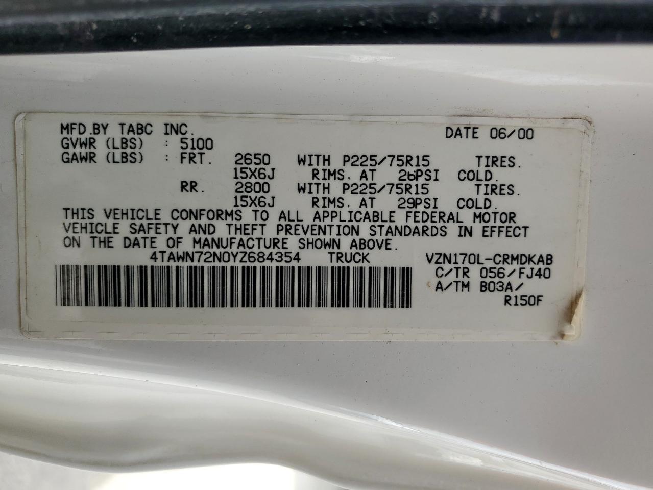 2000 Toyota Tacoma VIN 4TAWN72N0YZ684354 photo 12