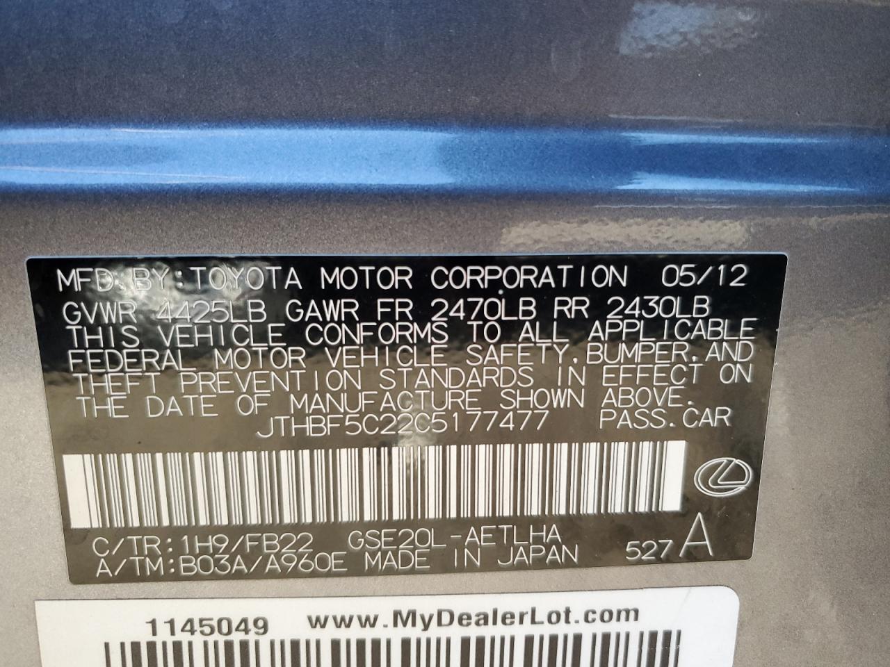 2012 LEXUS Is VIN JTHBF5C22C5177477 photo 12