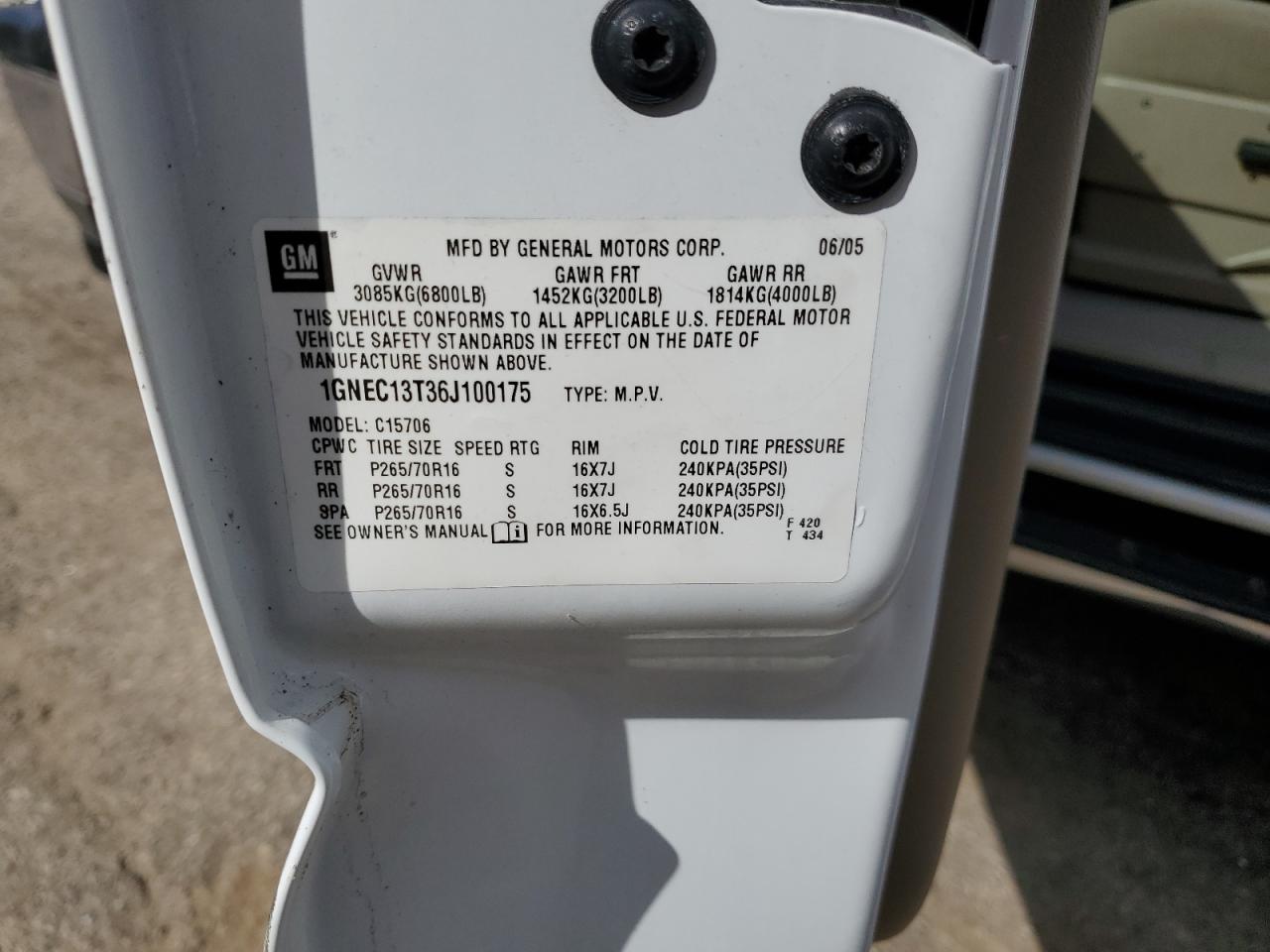 2006 CHEV Tahoe VIN 1GNEC13T36J100175 photo 12