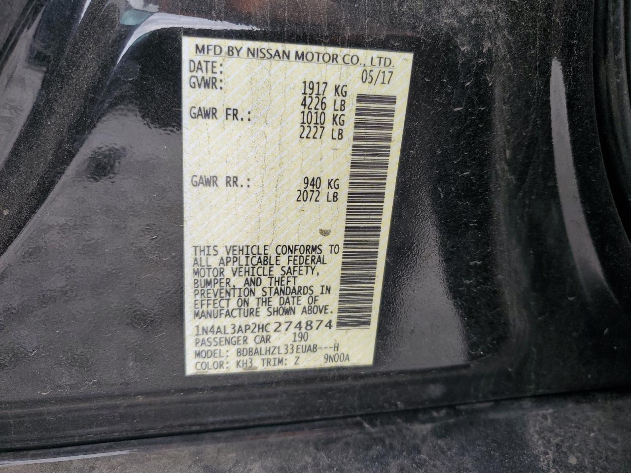 2017 Nissan Altima VIN 1N4AL3AP2HC274874 photo 12