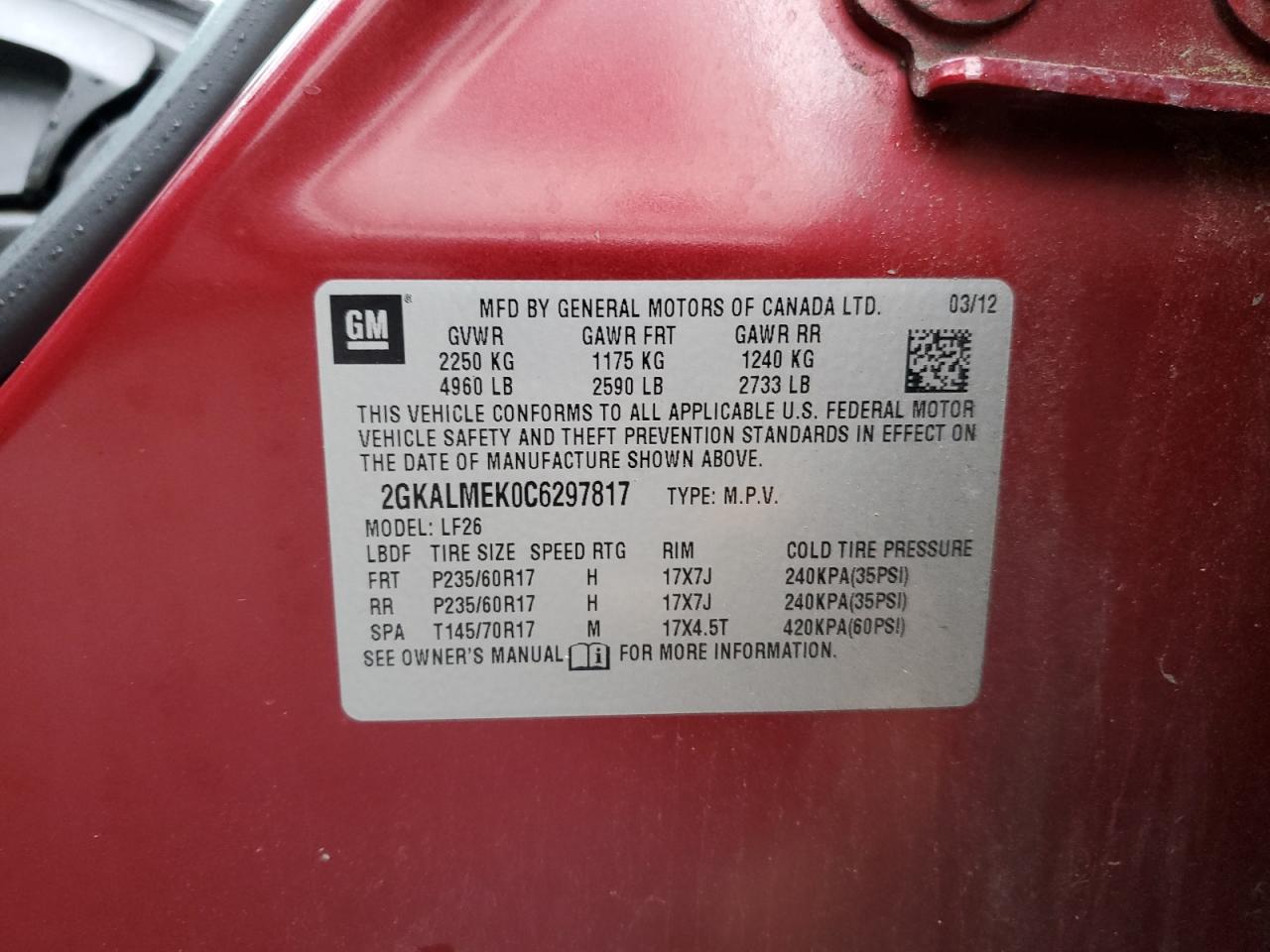 2012 GMC Terrain VIN 2GKALMEK0C6297817 photo 12