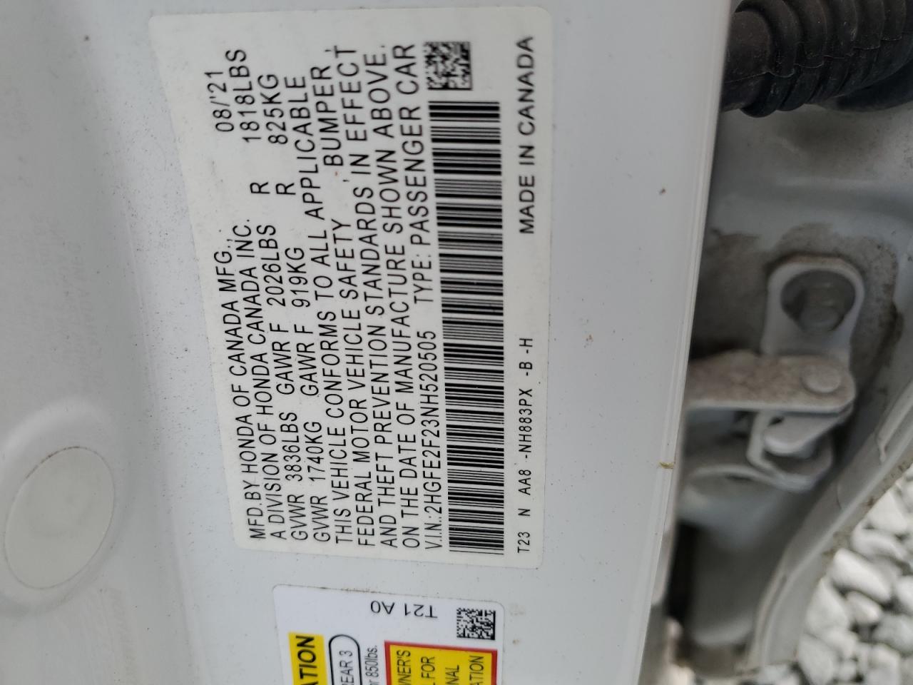 2022 Civic VIN 2HGFE2F23NH520505 photo 12
