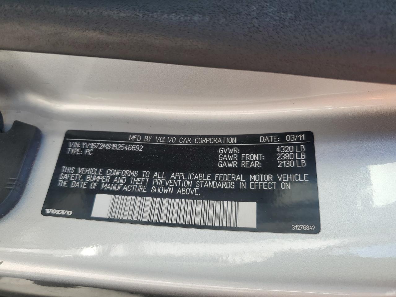 2011 Volvo S40 VIN YV1672MS1B2546692 photo 12