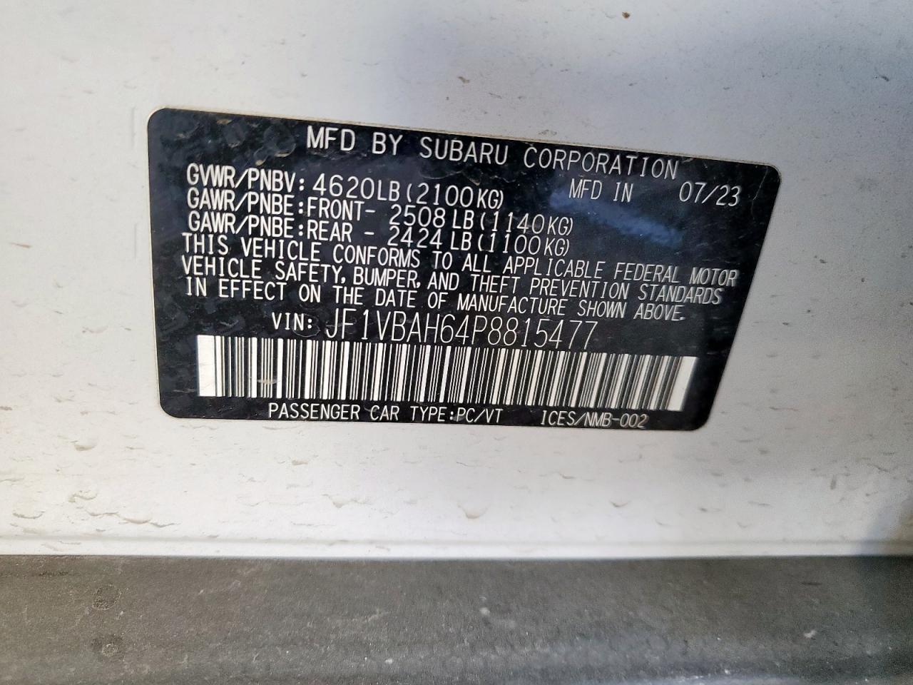2023 Subaru Wrx VIN JF1VBAH64P8815477 photo 12