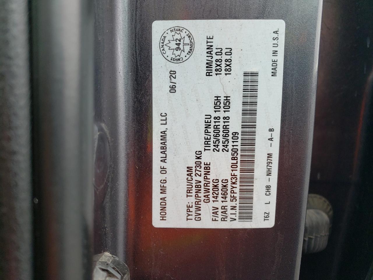 2020 HONDA Ridgeline VIN 5FPYK3F10LB501109 photo 12