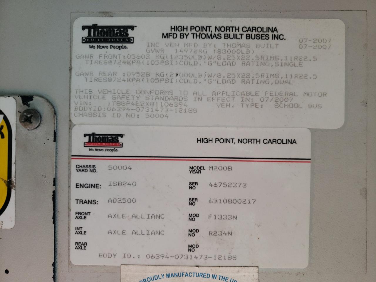 2008 THOMAS Saf-t-line VIN 1T88P4E2X81106394 photo 10
