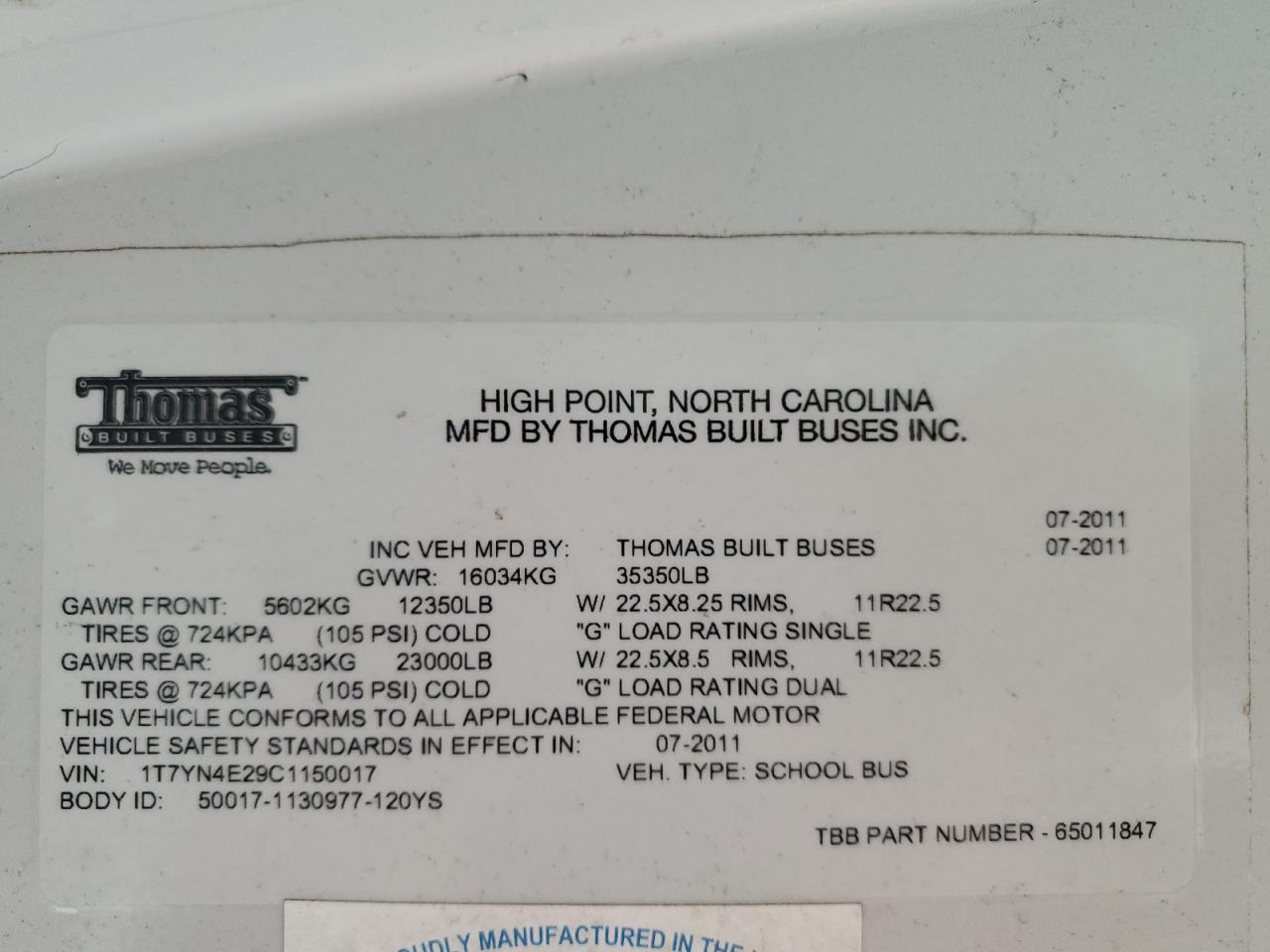 2012 THOMAS All models VIN 1T7YN4E29C1150017 photo 10