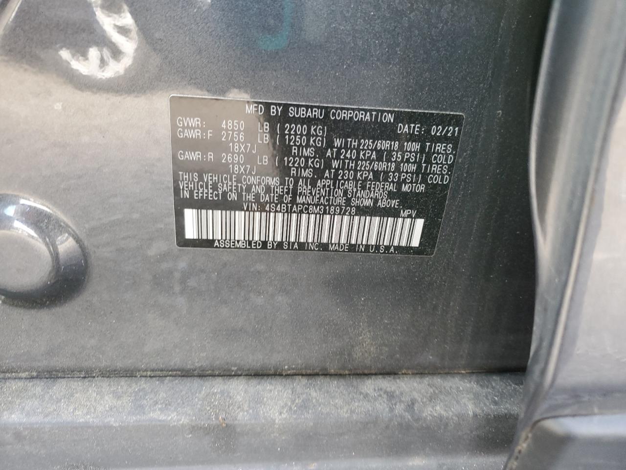 2021 Subaru Outback VIN 4S4BTAPC8M3189728 photo 12