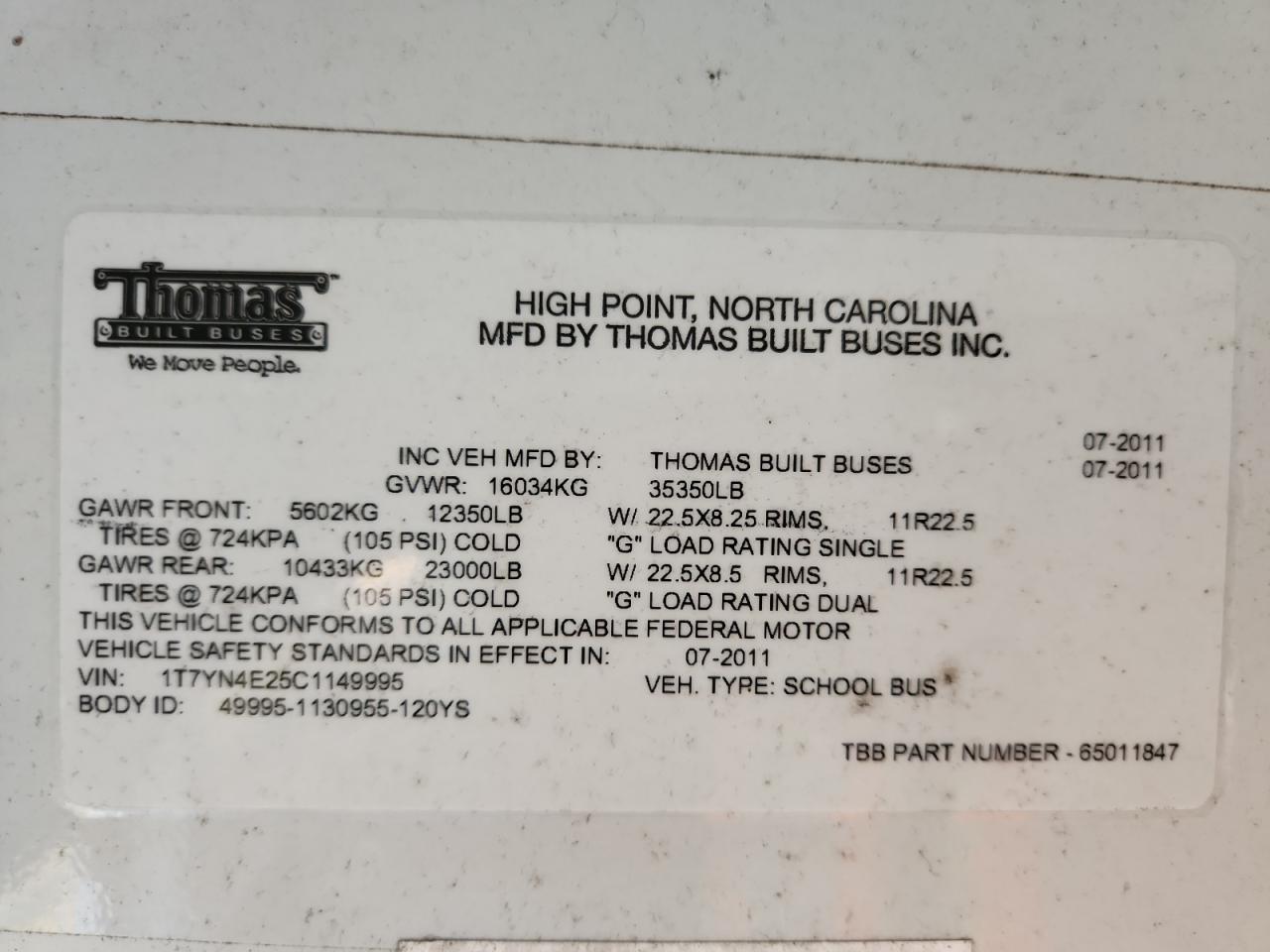 2012 THOMAS Saf-t-line VIN 1T7YN4E25C1149995 photo 10