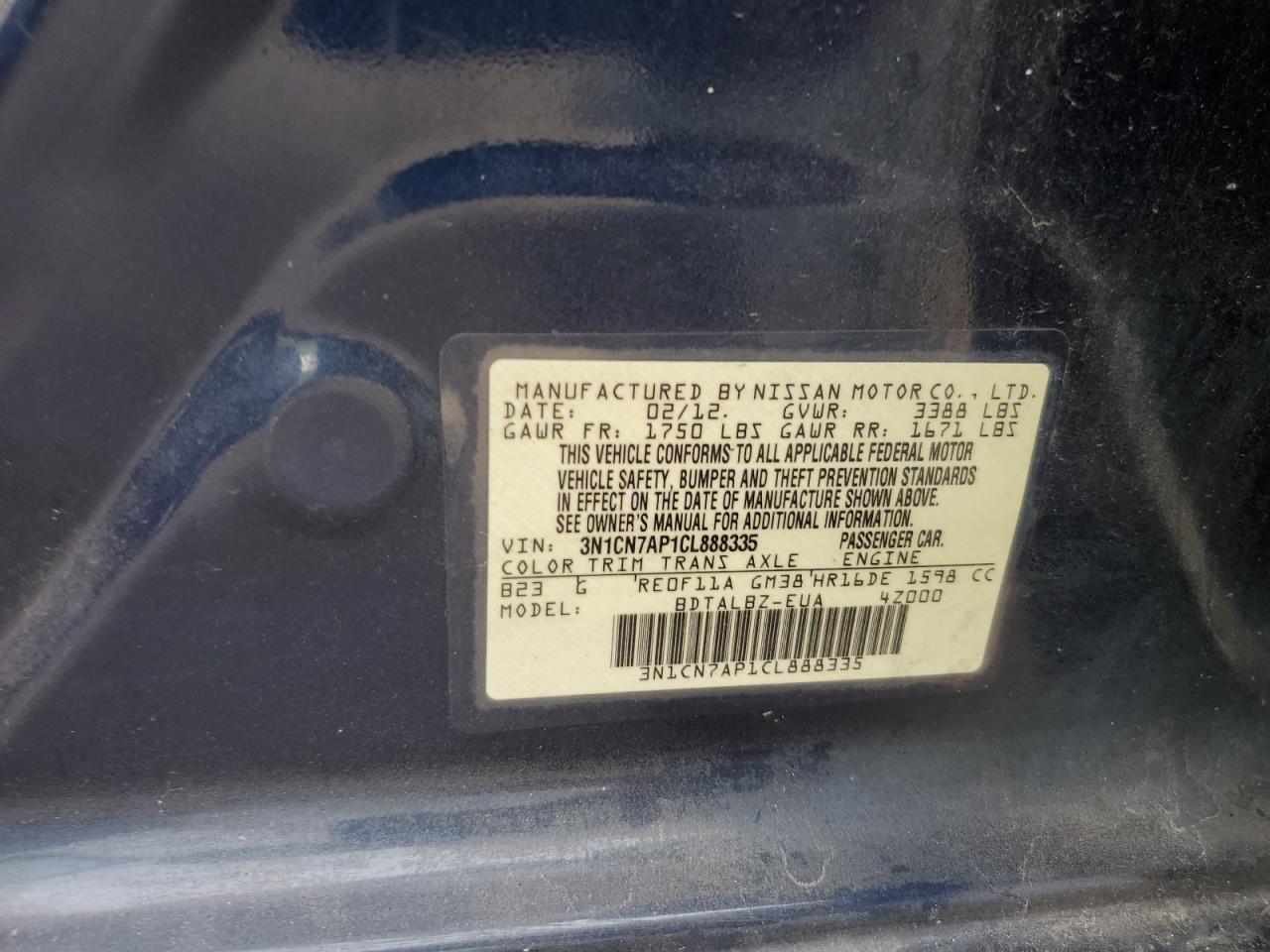 2012 NISS Versa VIN 3N1CN7AP1CL888335 photo 12