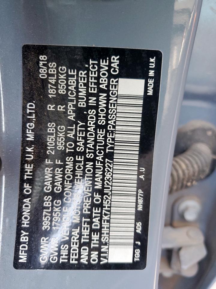 2018 Honda Civic VIN SHHFK7H52JU236227 photo 12