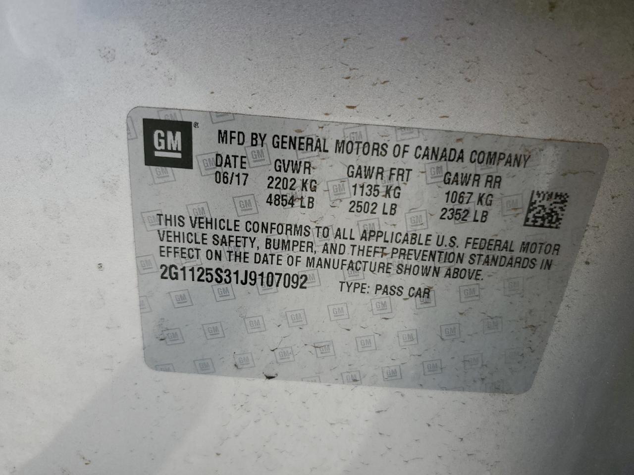 2018 Chev Impala VIN 2G1125S31J9107092 photo 12