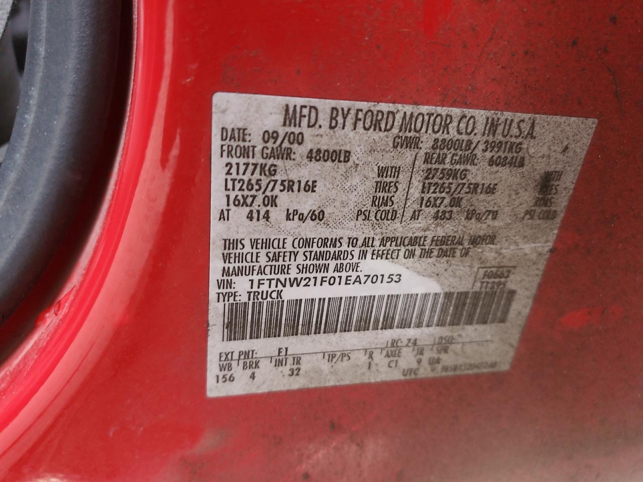2001 Ford F250 VIN 1FTNW21F01EA70153 photo 12