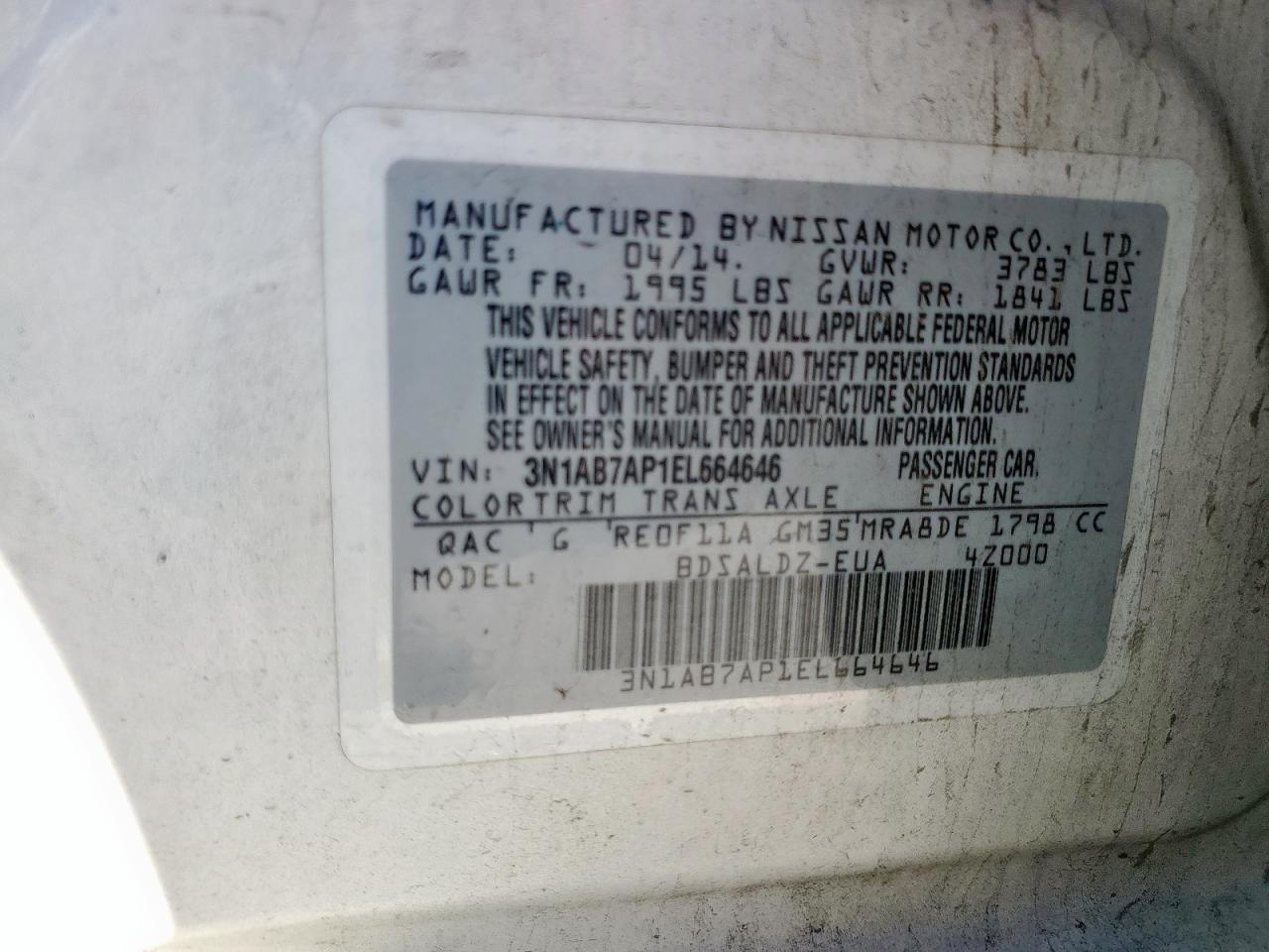 2014 NISS Sentra VIN 3N1AB7AP1EL664646 photo 12