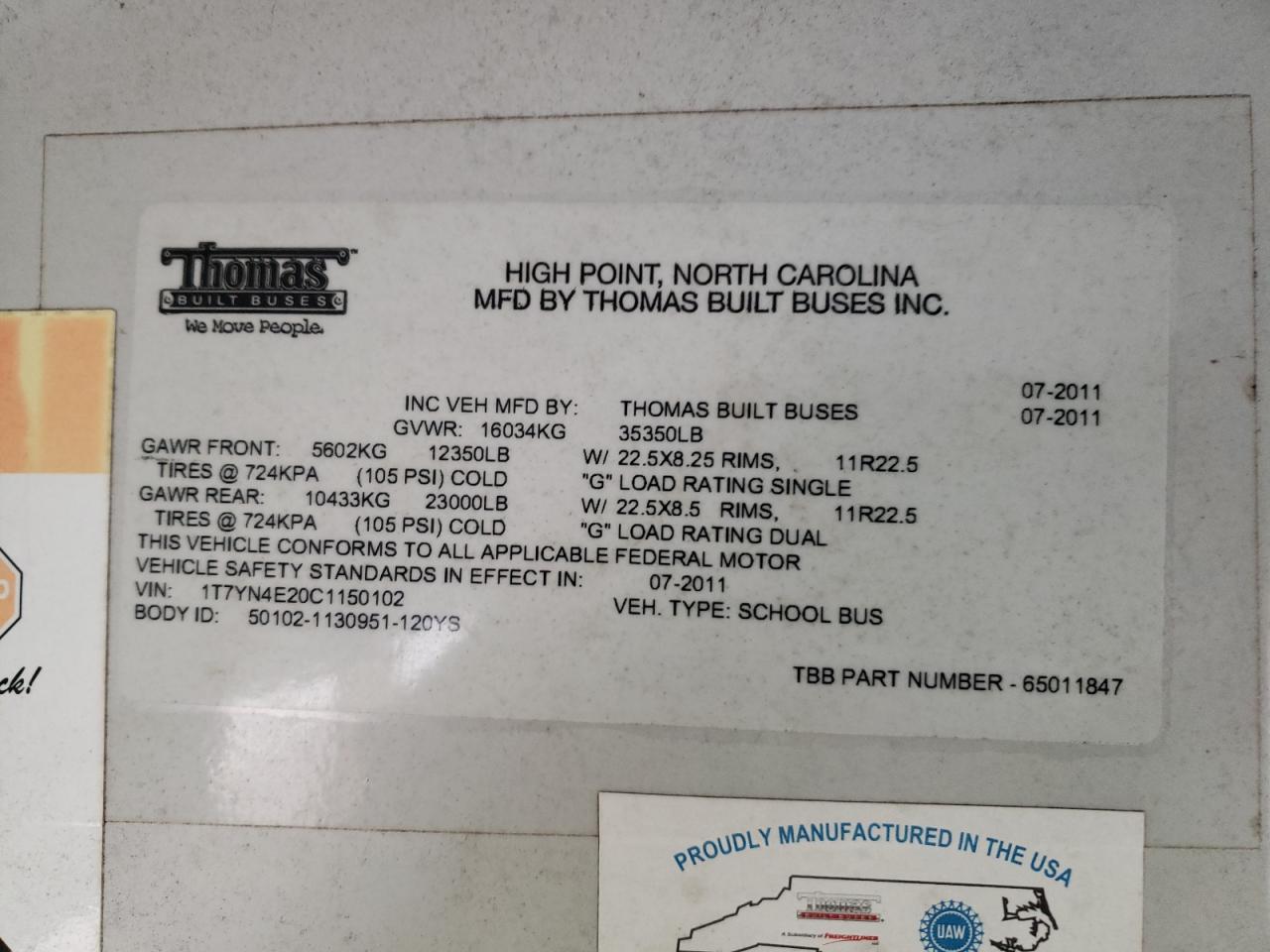 2012 THOMAS Saf-t-line VIN 1T7YN4E20C1150102 photo 10