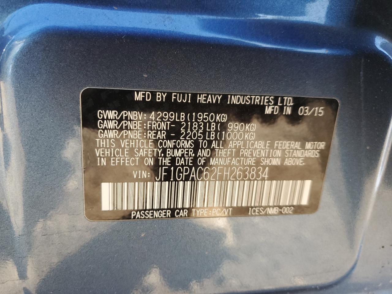 2015 Subaru Impreza VIN JF1GPAC62FH263834 photo 12
