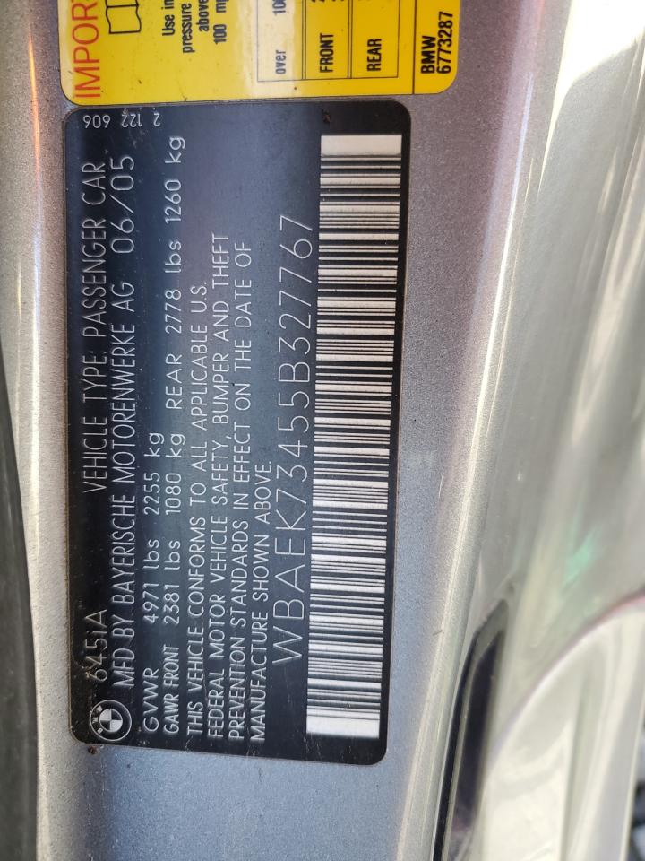 2005 BMW 6 series VIN WBAEK73455B327767 photo 12