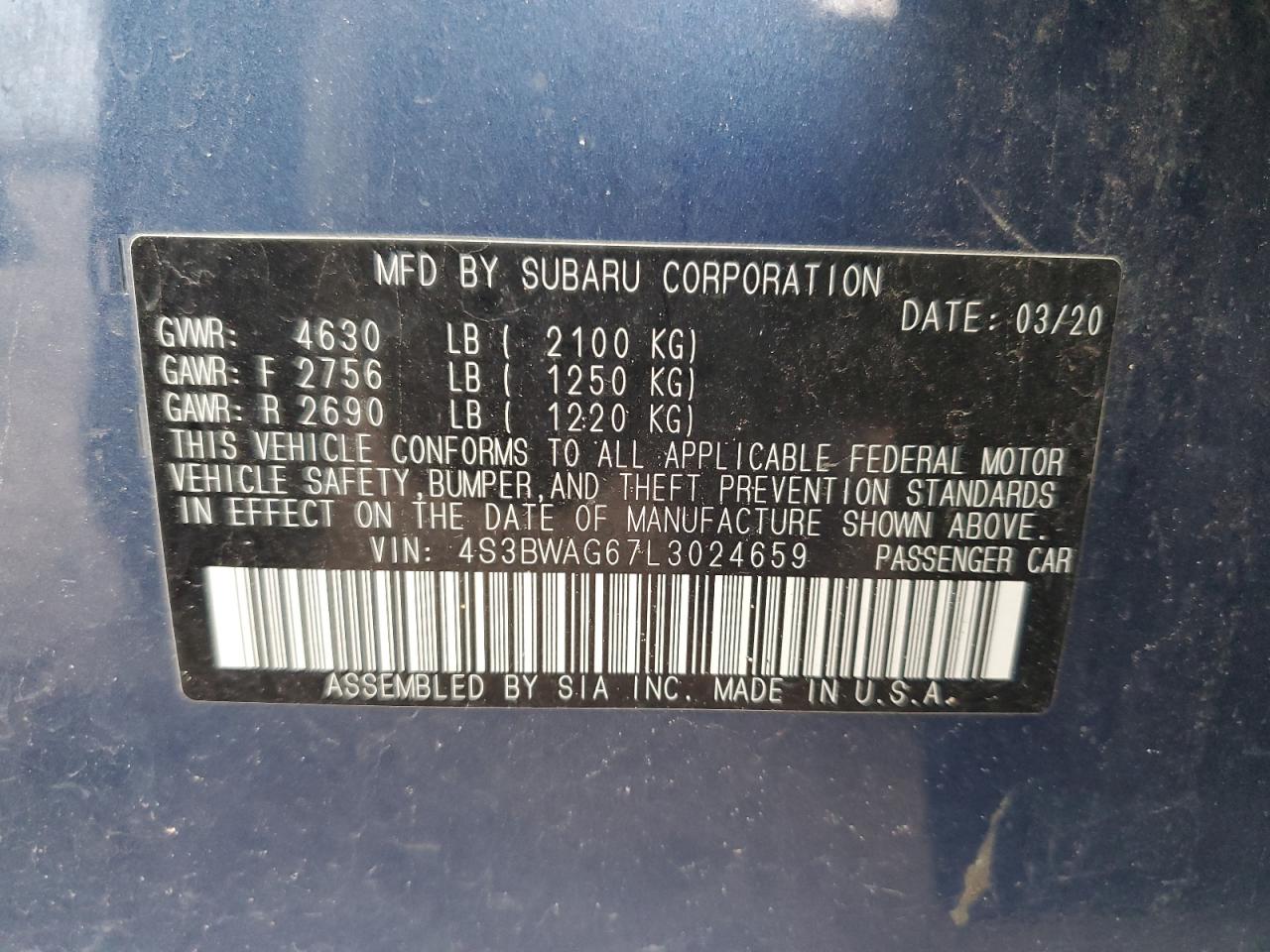 2020 Subaru LEGACY VIN 4S3BWAG67L3024659 photo 12