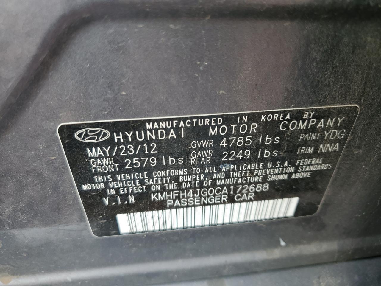 2012 HYUNDAI Azera VIN KMHFH4JG0CA172688 photo 12