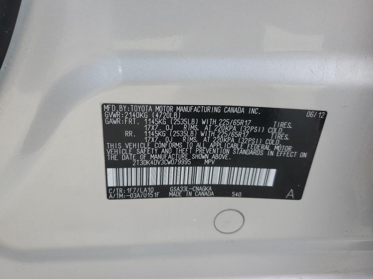 2012 TOYOTA Rav4 VIN 2T3DK4DV3CW079995 photo 12